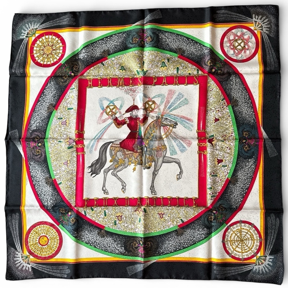 Hermes Feux d'Artifice 100% Silk Scarf in Black Red White and Gold